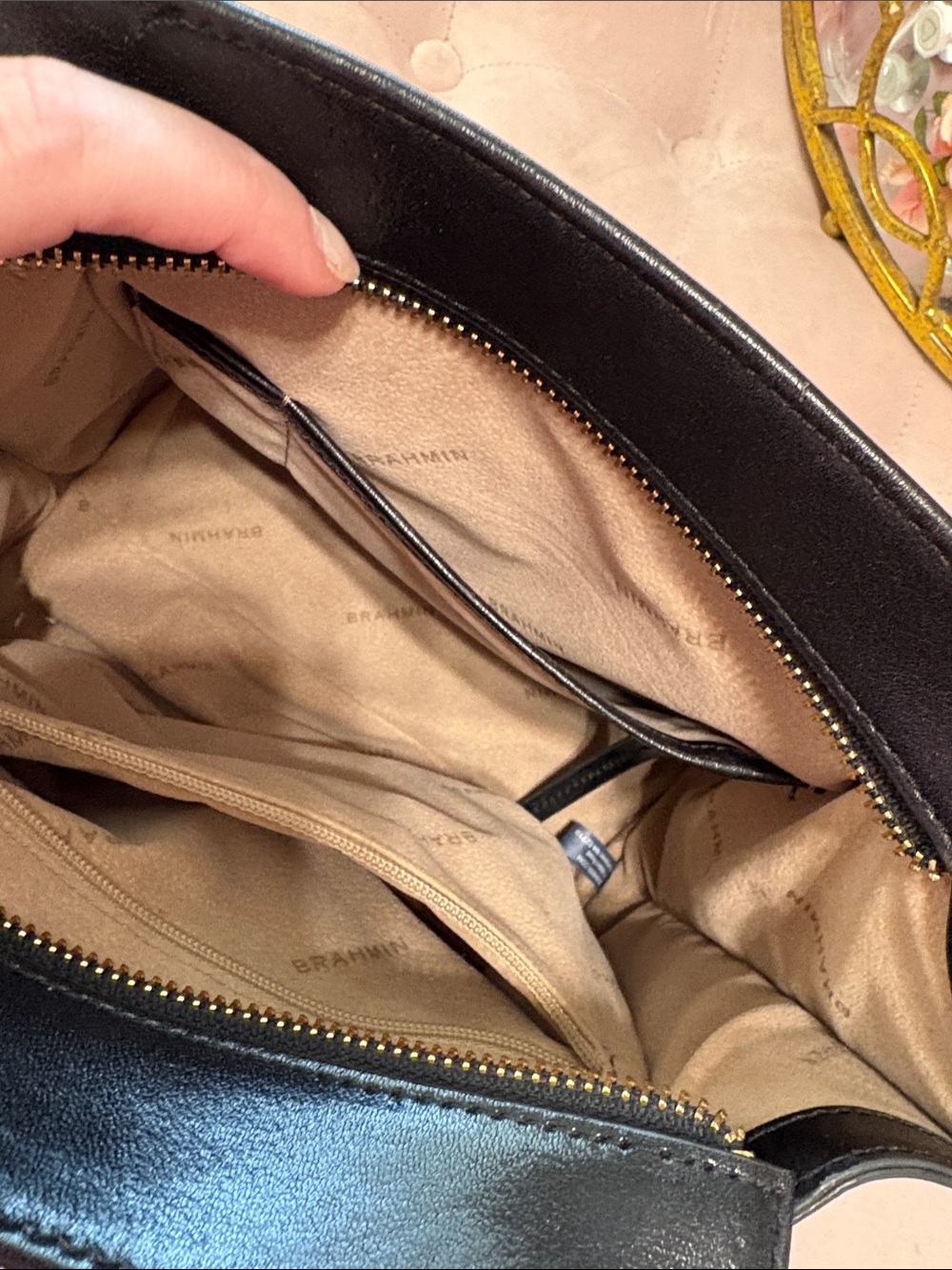 Brahmin Black Leather Satchel with Gold Hardware and Detachable Strap - Picture 9 of 12